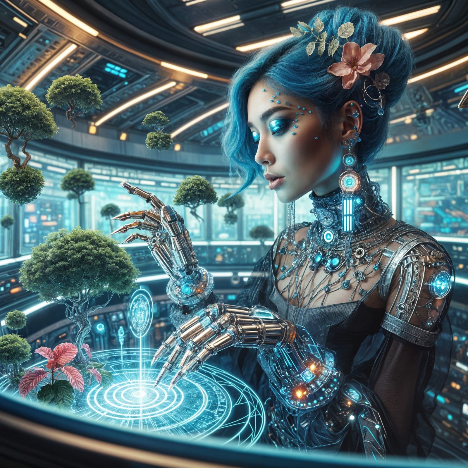 Cyberpunk South Asian Woman in Space Station Arboretum
