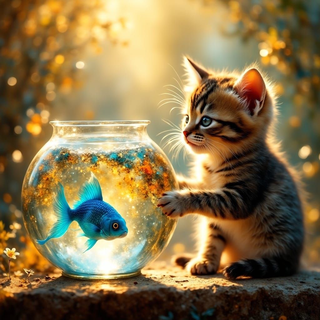 Whiskered Kitten Touches Ethereal Fishbowl in Soft, Fluffy T...