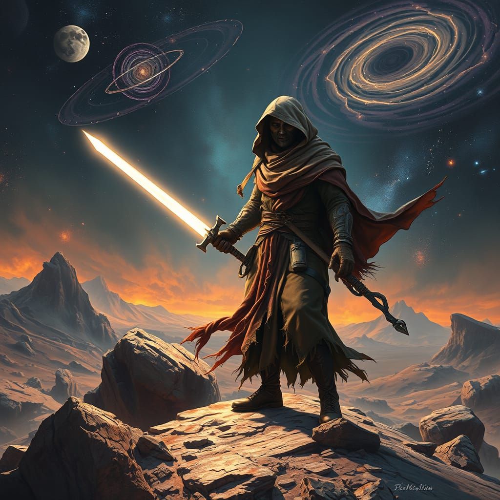 imagine a mysterious space traveler wielding a glowing energ...