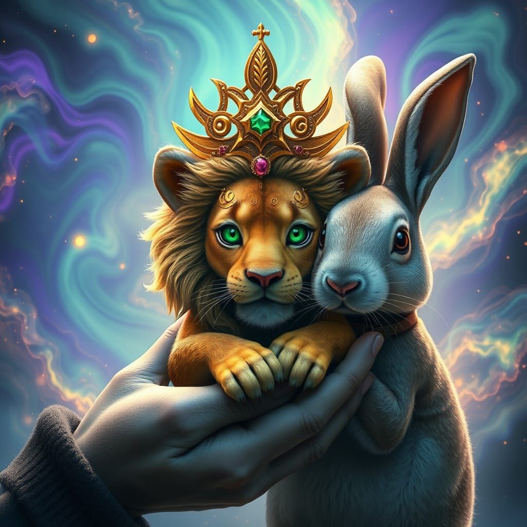 Regal Lion in a Rabbit's Gentle Hands, Aurora Borealis Backg...