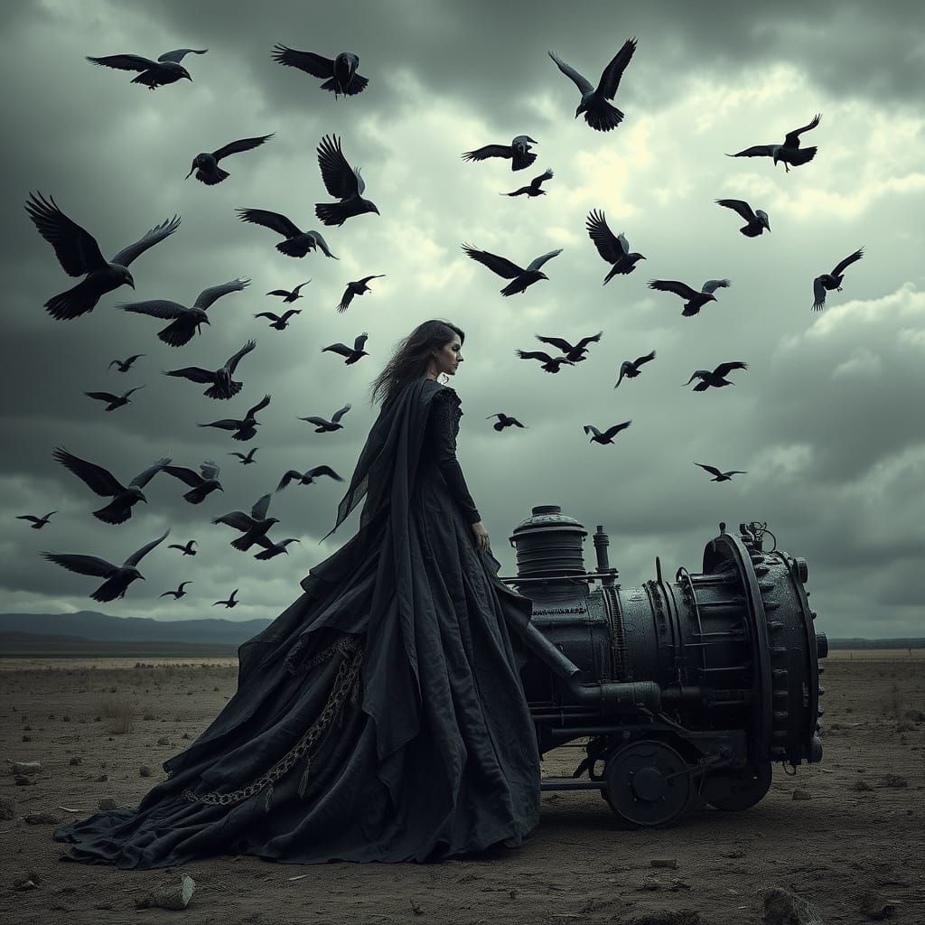 Mysterious Victorian Woman Standing in a Barren Landscape of...