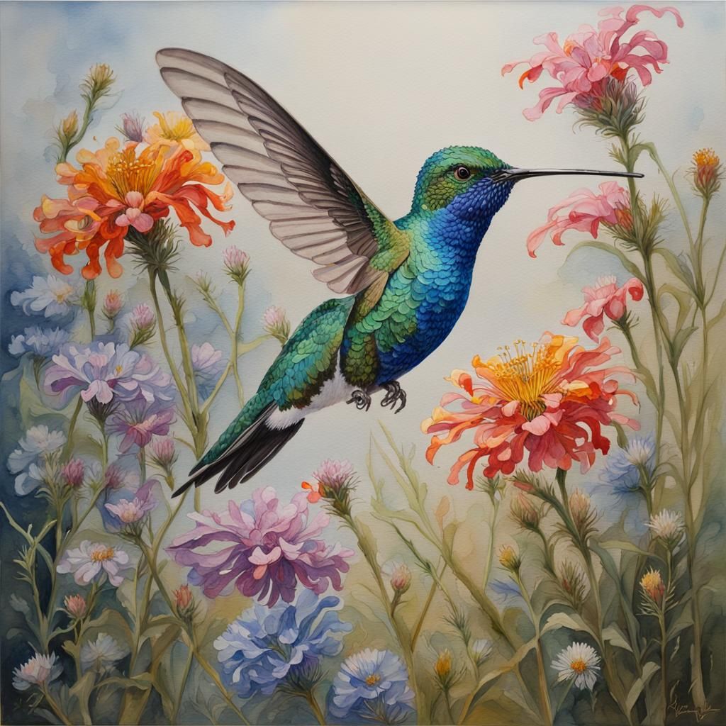 Crystal Hummingbird in Floral Field, Watercolor Style