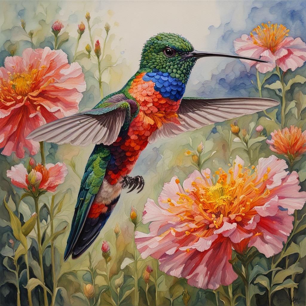 Crystal Hummingbird in Watercolor Flower Field