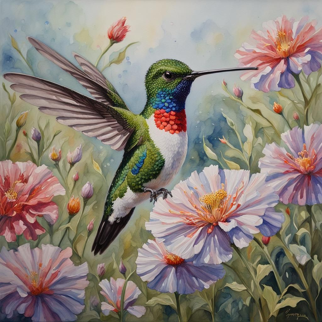 Crystal Hummingbird in Floral Field, Watercolor Style