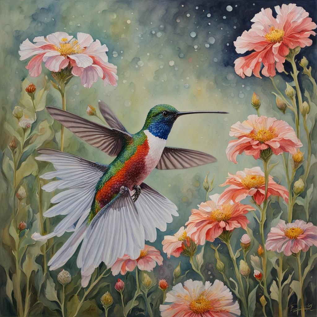 Crystal Hummingbird in Watercolor Flower Field