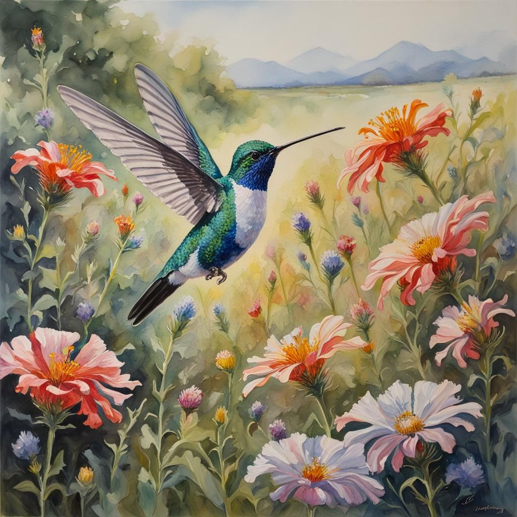 Crystal Hummingbird in Floral Field, Watercolour Style