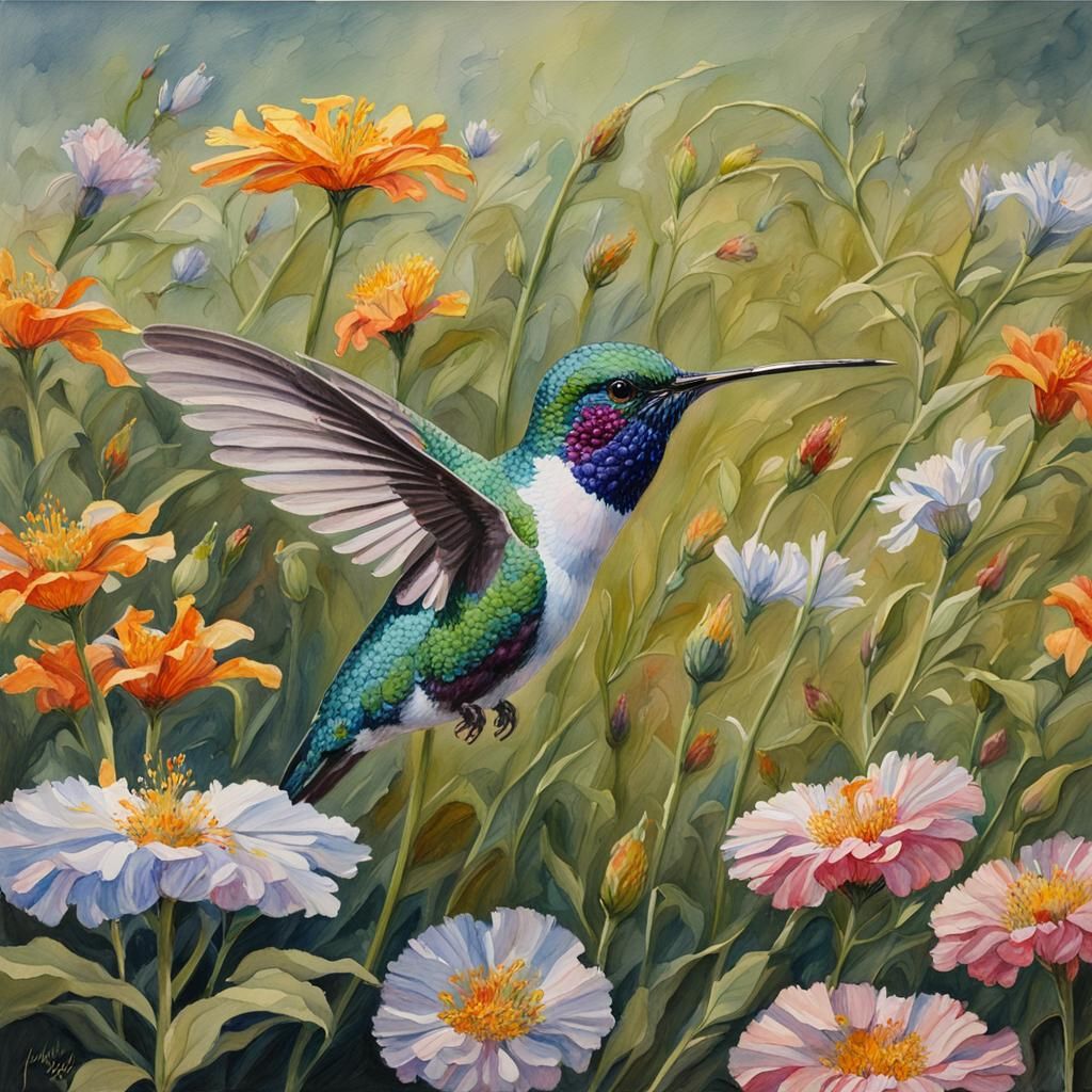 Crystal Hummingbird in Flower Field, Watercolor Style