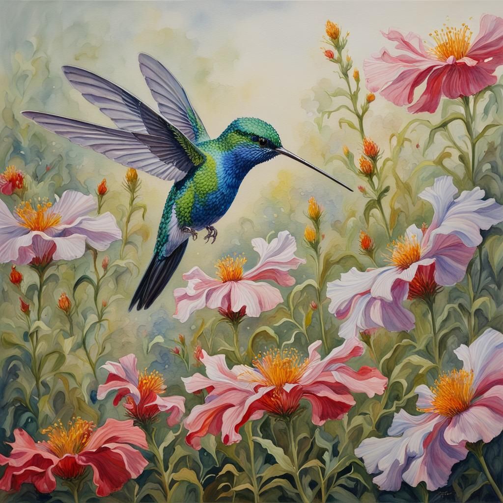 Crystal Hummingbird in Watercolor Field