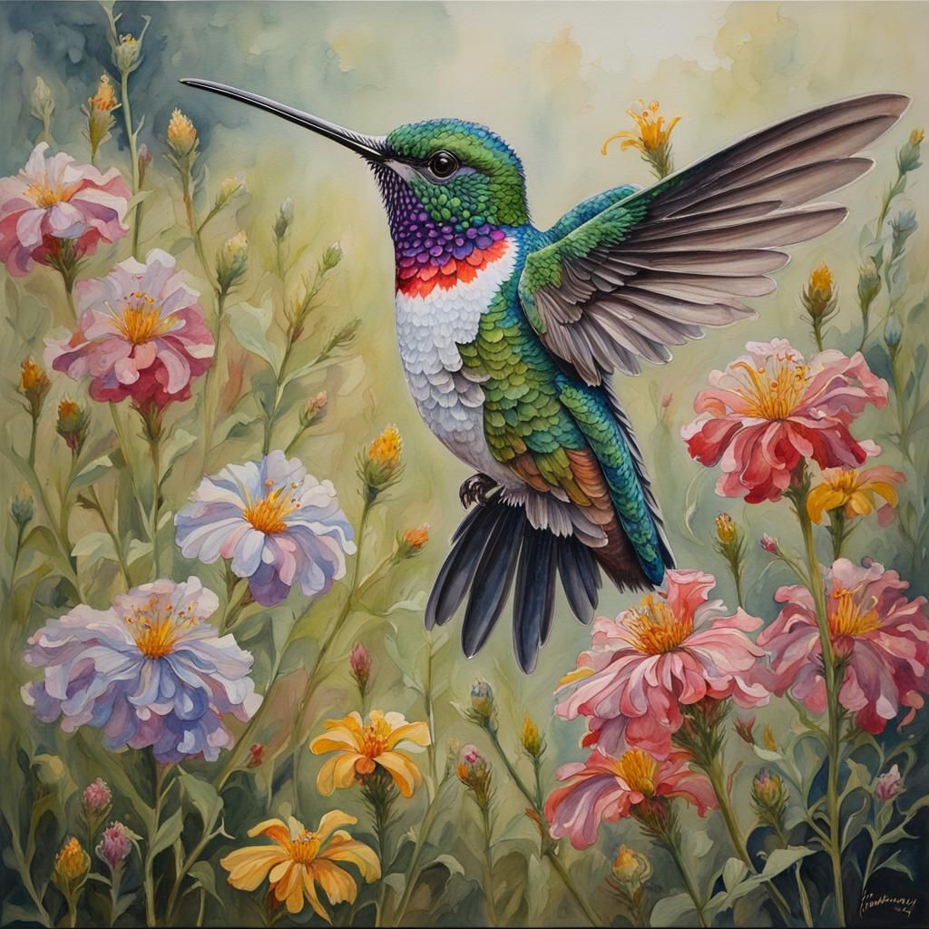 Crystal Hummingbird in Watercolor Painting