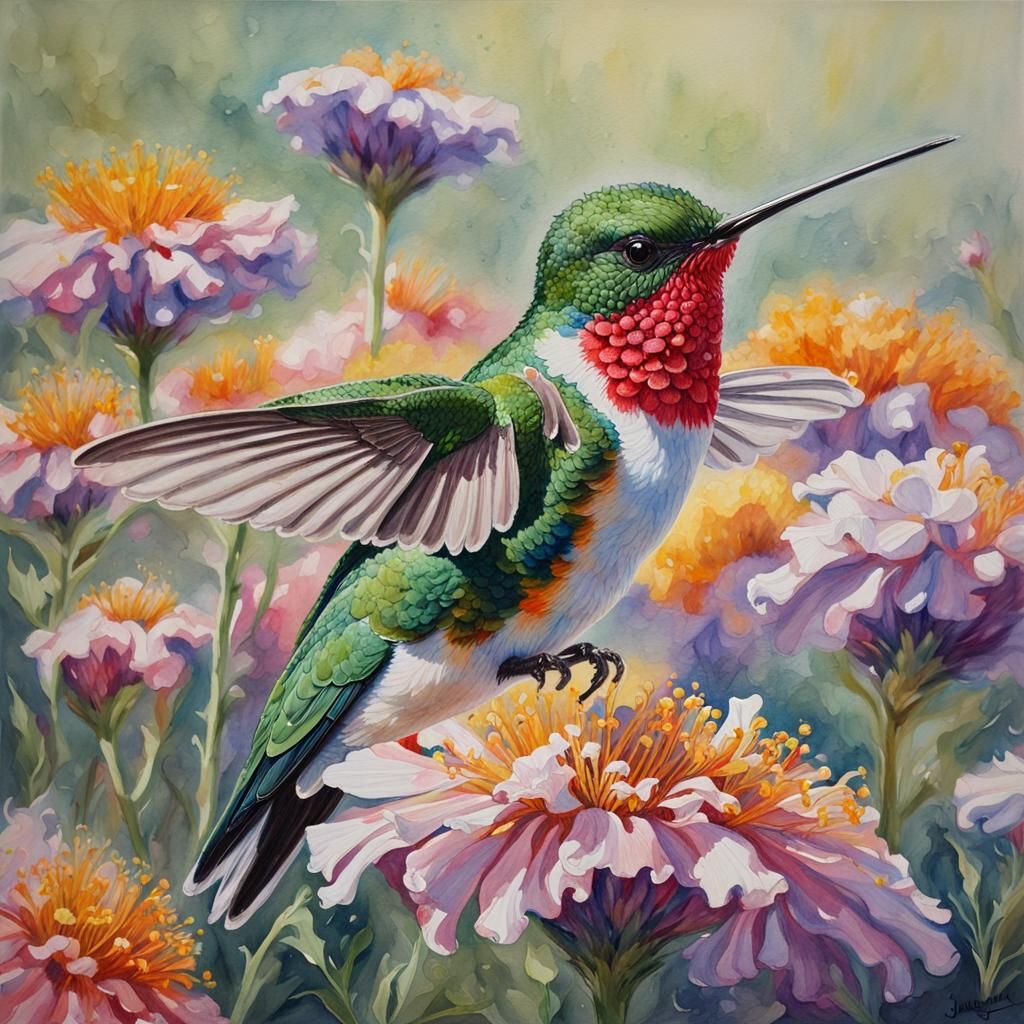 Crystal Hummingbird in Watercolor Field