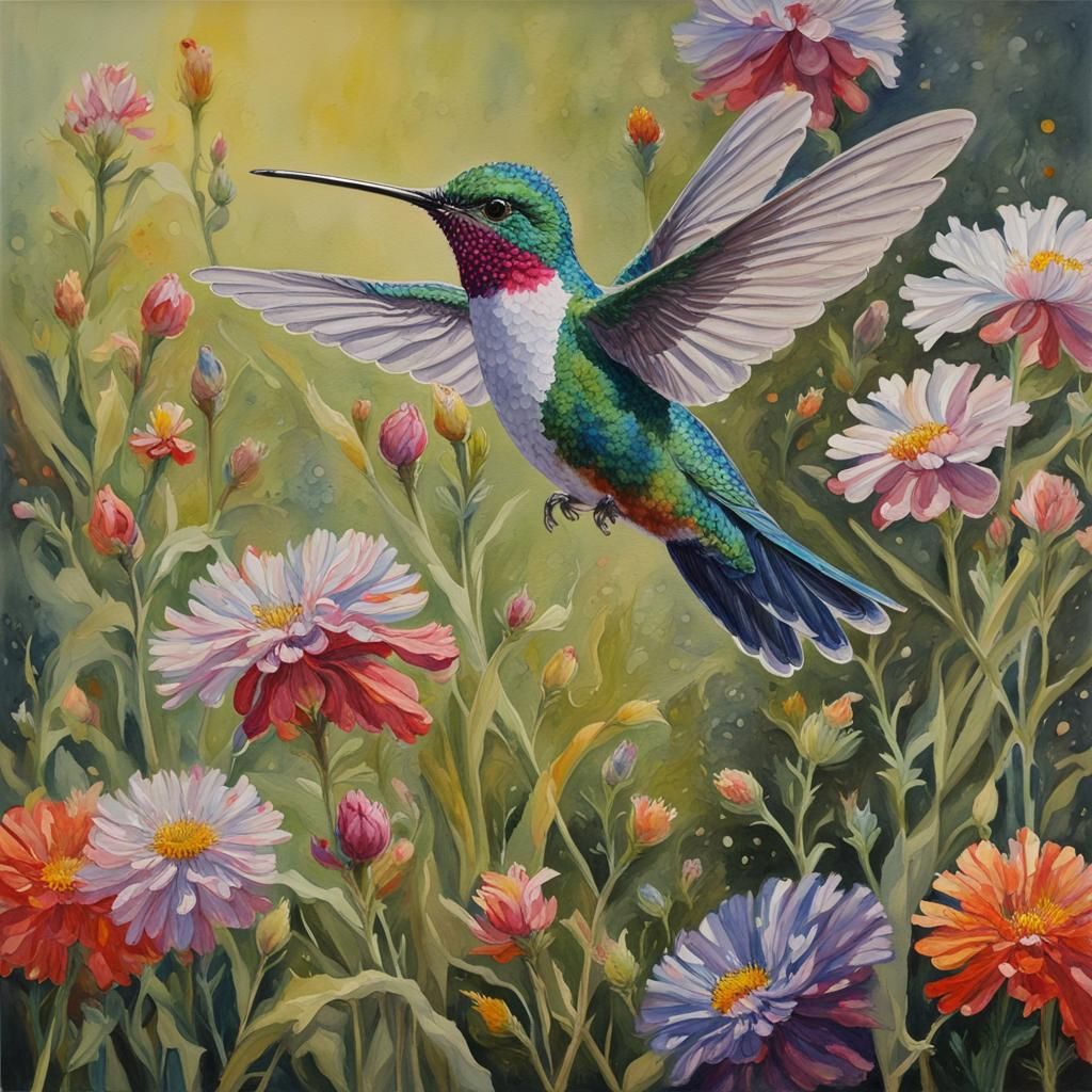 Crystal Hummingbird in Floral Field: Watercolour Painting