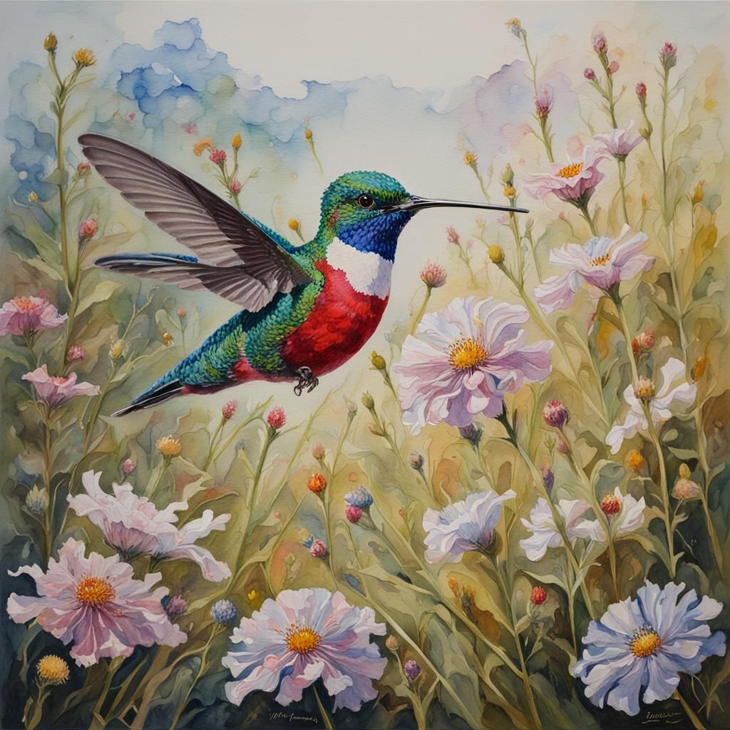 Crystal Hummingbird in Watercolor Field of Flowers