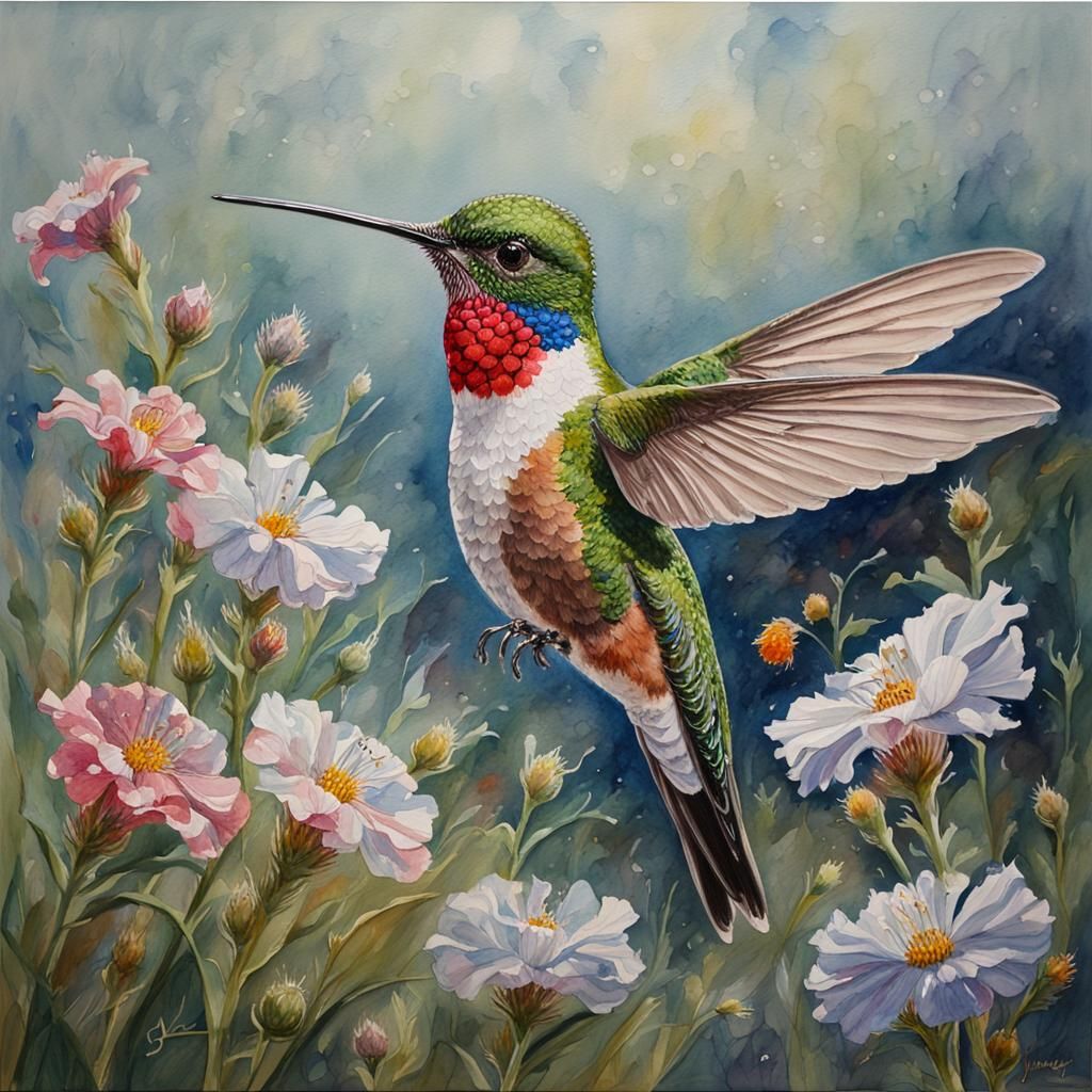 Crystal Hummingbird in Watercolor Floral Field