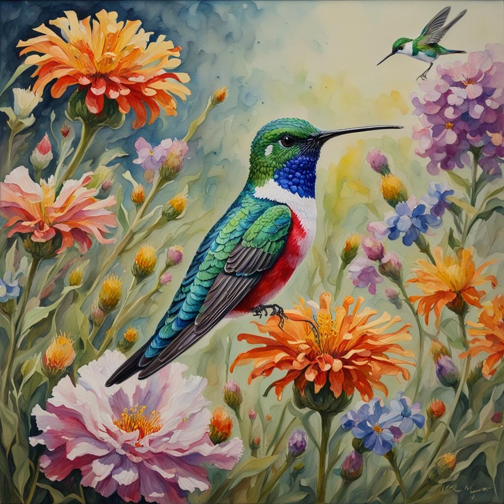 Crystal Hummingbird in Floral Field, Watercolour Painting