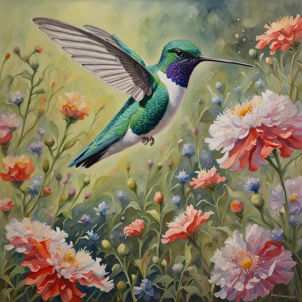 Crystal Hummingbird in Watercolor, Oil Painting Style