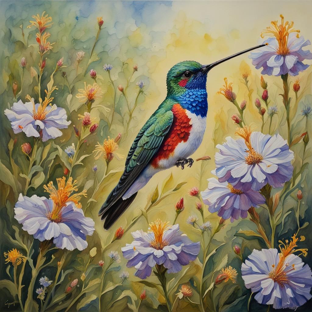 Crystal Hummingbird in Flower Field, Watercolour Painting