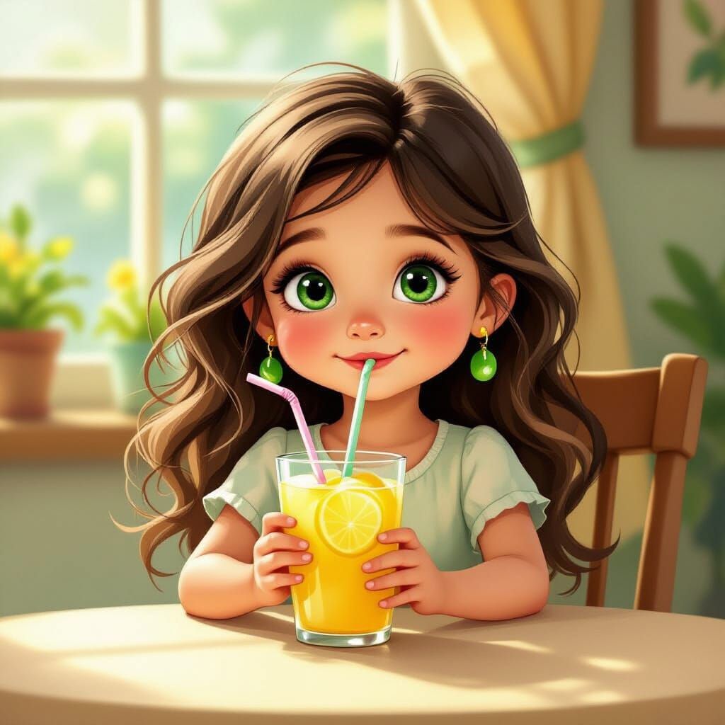 Young Girl with Green Eyes Holds Lemonade