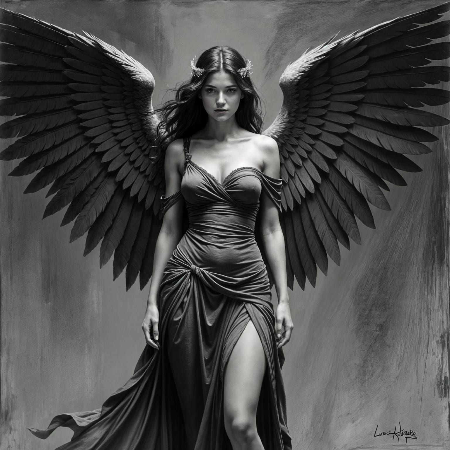 Charcoal Angel with Oversized Wings