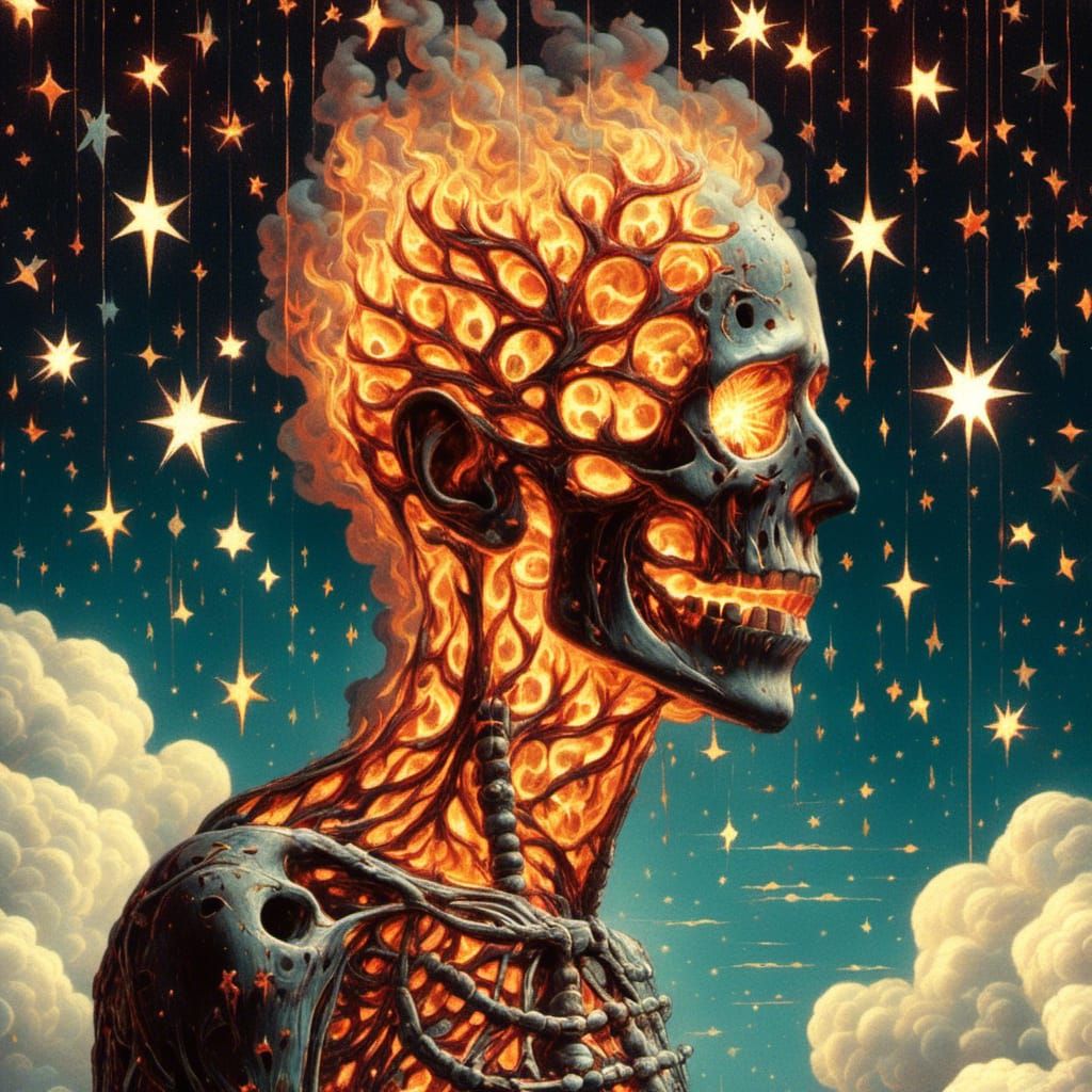 Figure Walking Through Fire with Dramatic Lighting