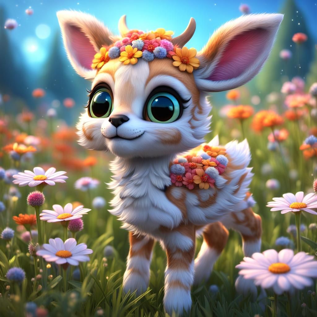 Cute Deer-Kitten Hybrid in Flower Meadow