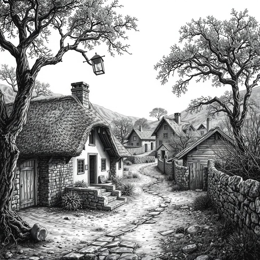 Magaliesberg Village Pen Sketch in Surreal Style