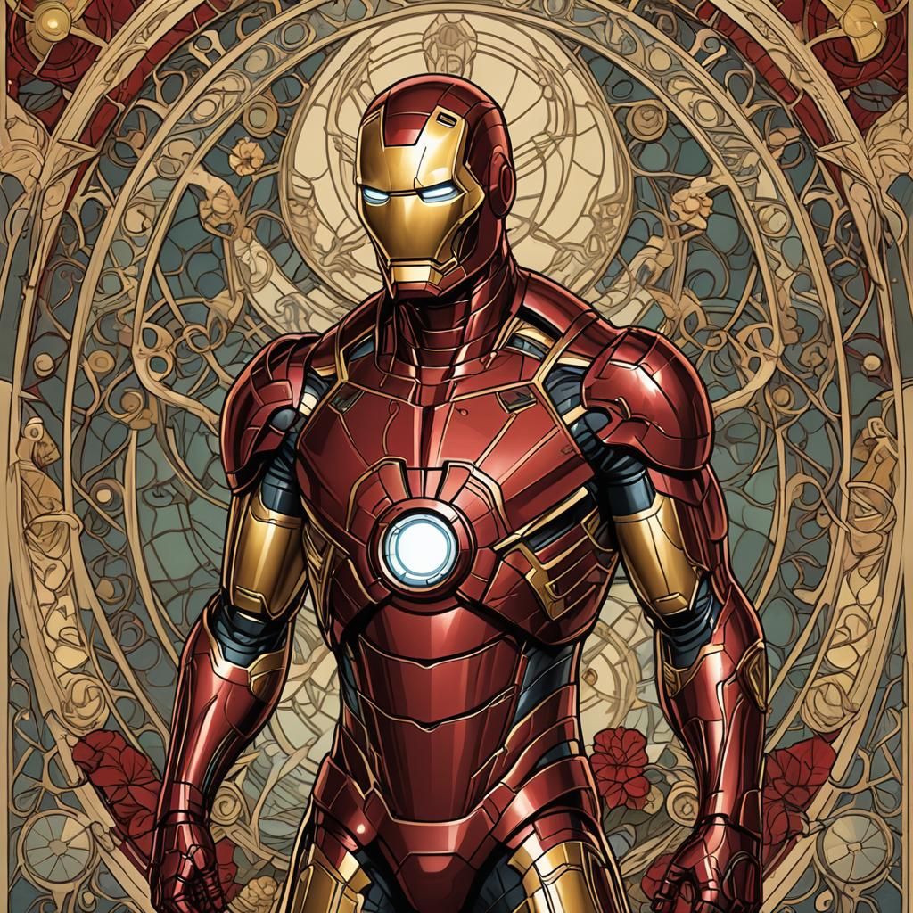 Iron Man Behind Spiderman in Art Nouveau Style
