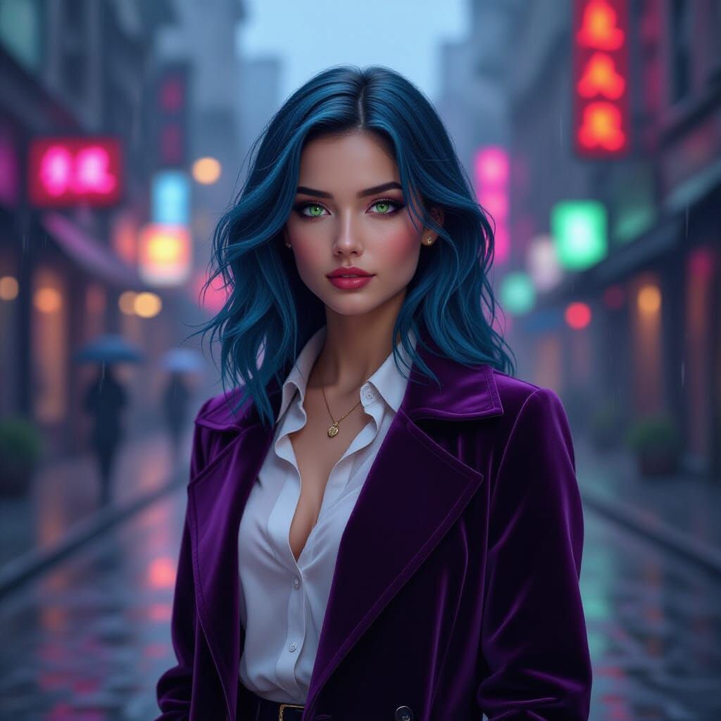 Cyan-Haired Woman in Futuristic Cityscape