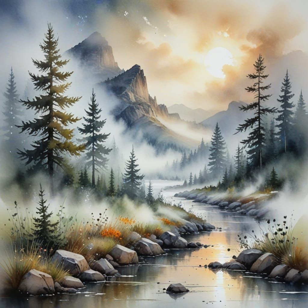 Painterly Land of Mist in Watercolor Style