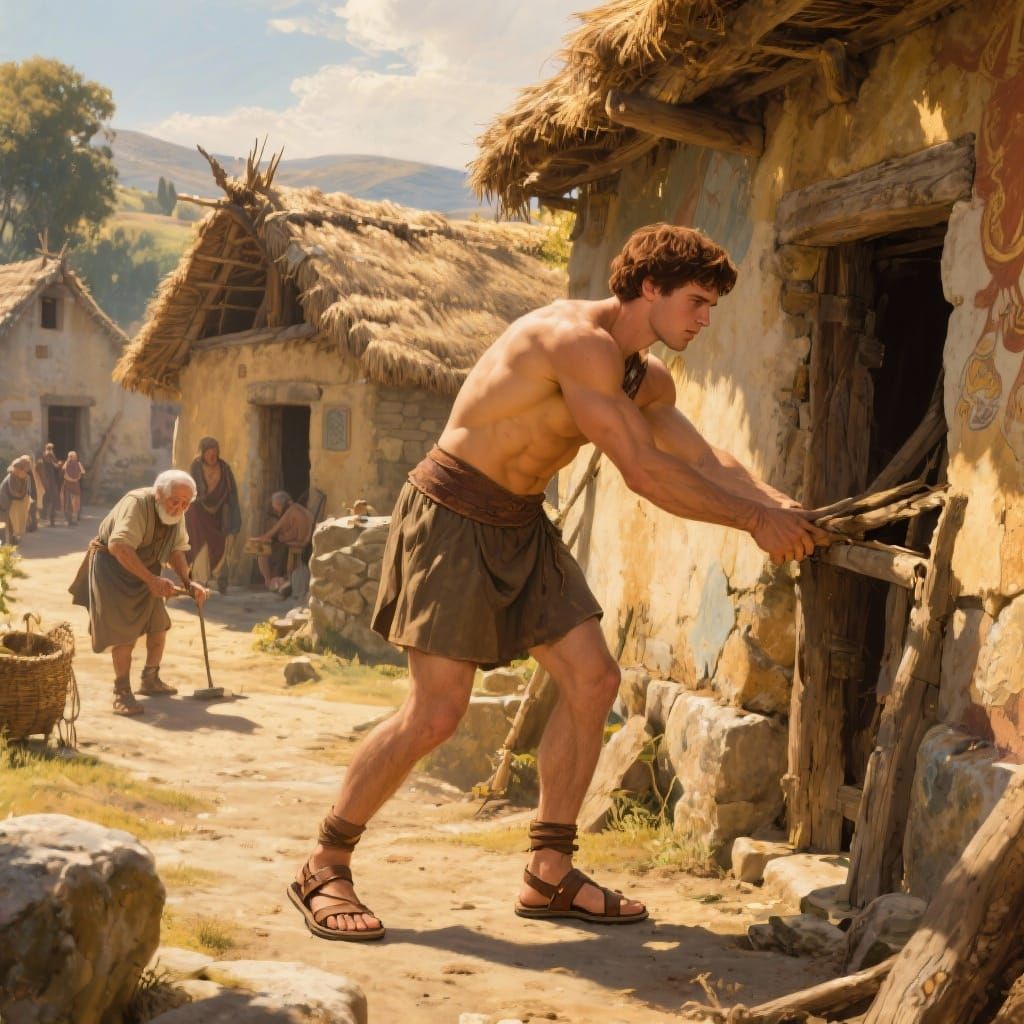 Heroic Theseus Repairs Village Huts in Golden Hour Light
