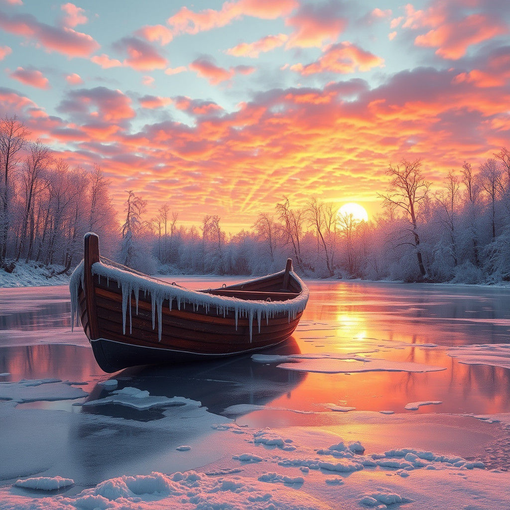 Frozen Boat on Lake at Sunset: Fantasy Concept