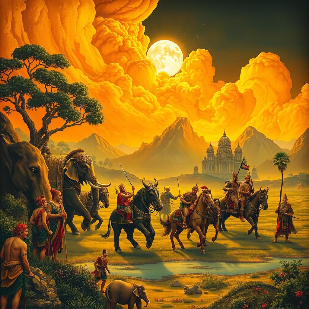 Mahabharata Scene in Indian Miniature Style