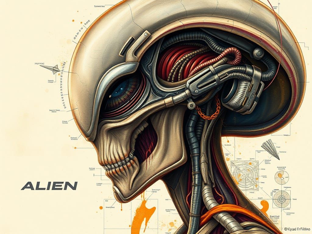Alien Dissection Diagram in Science Fiction Style