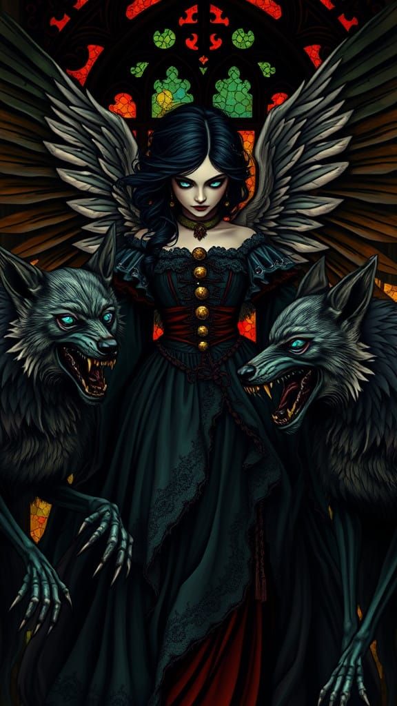 Victorian Angel Enshrouded by Dark, Gothic Wolves