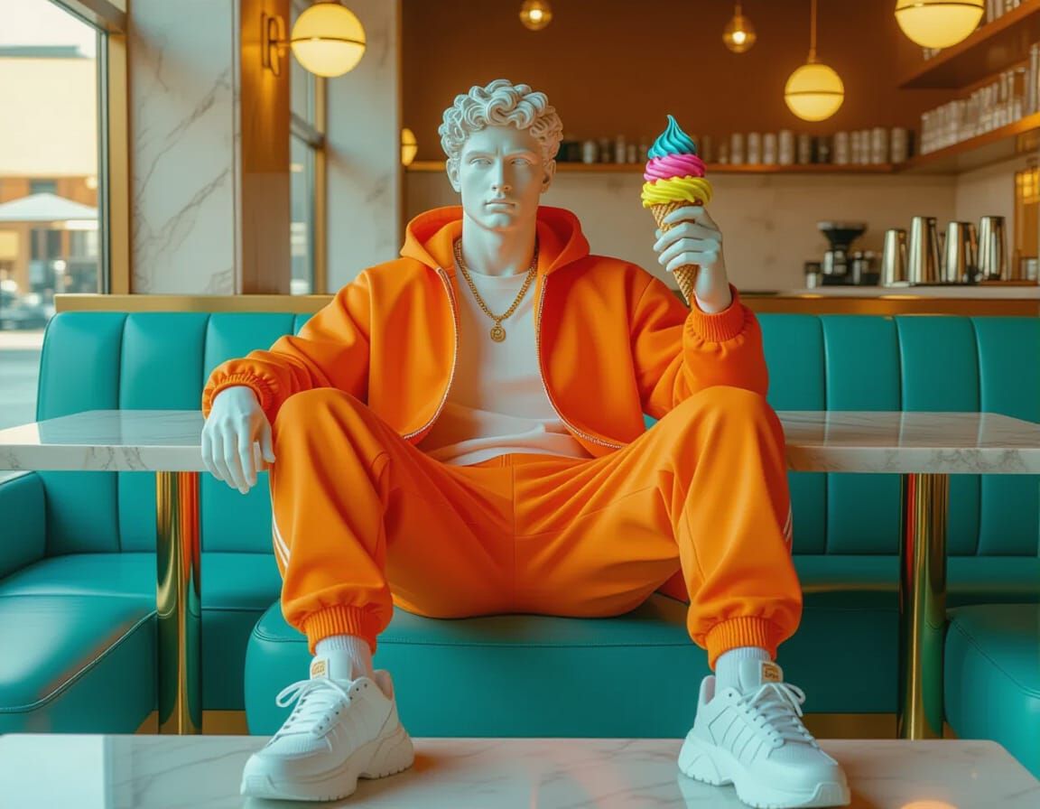 Greco-Roman Statue in Modern Cafe with Ice Cream
