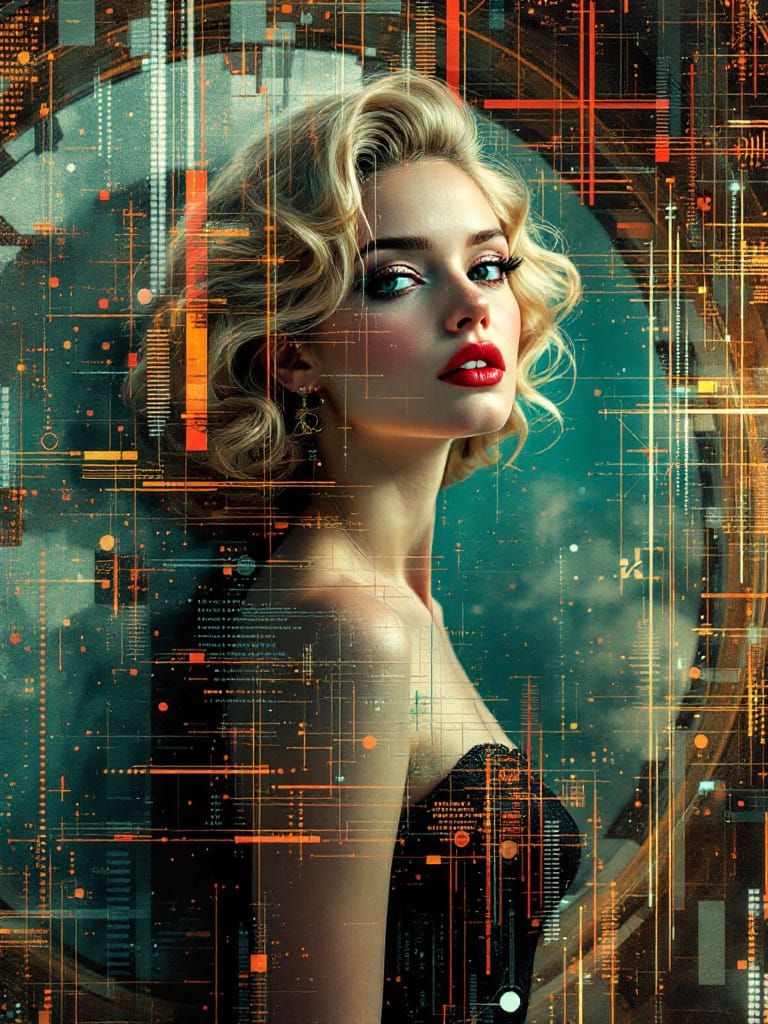 Pin-Up Woman in Glitch Art and Art Nouveau Style