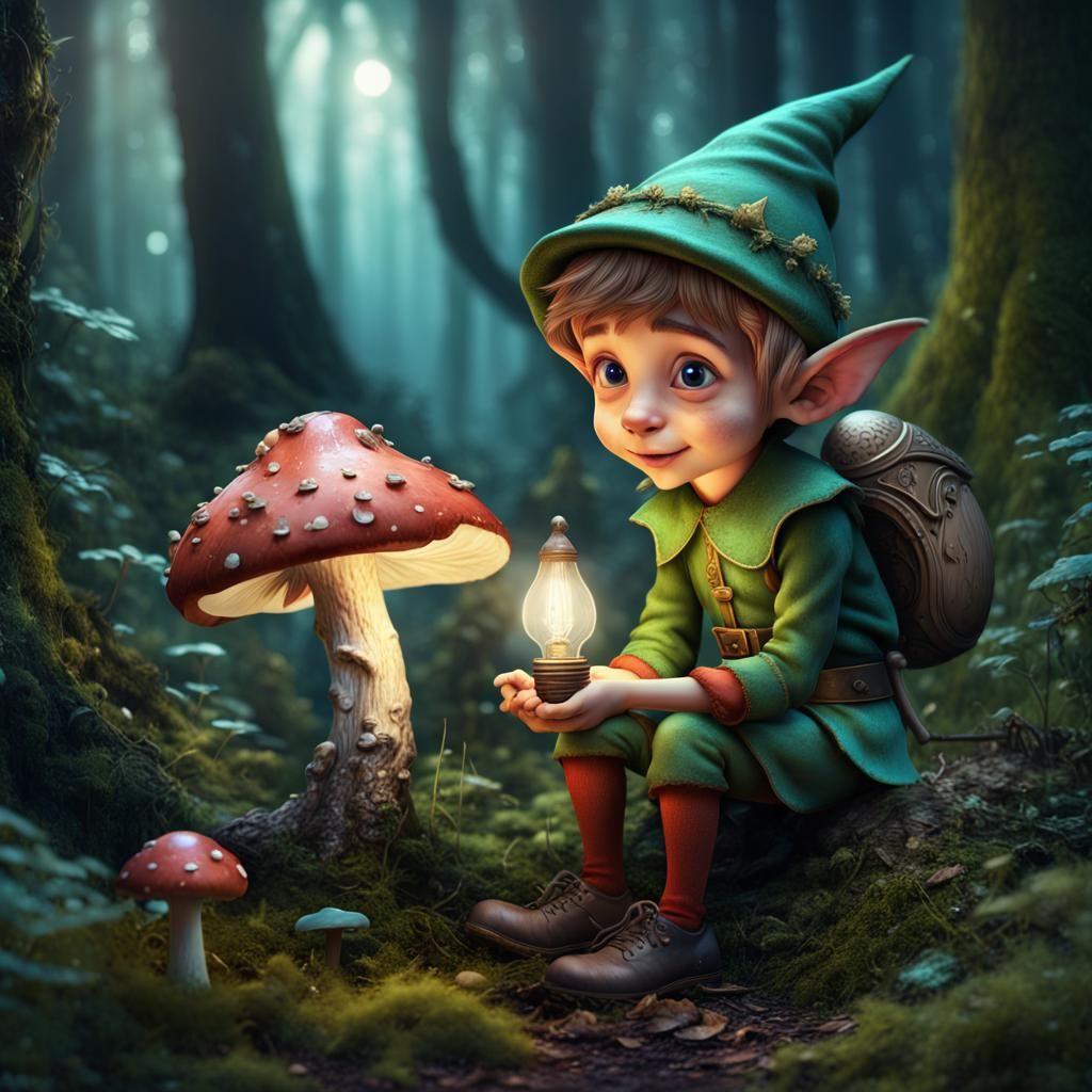 little elf discovered a strange mushroom in a fairy forest