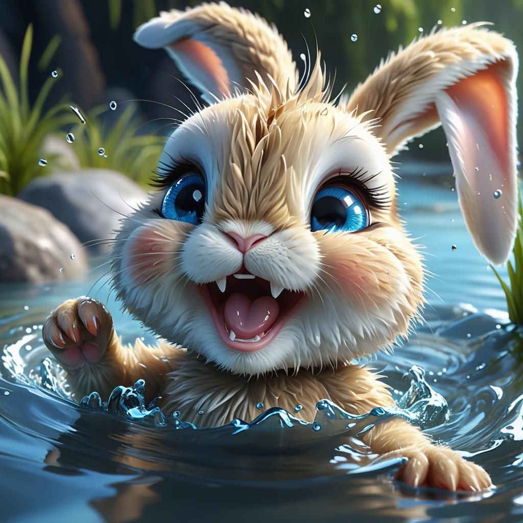 Cartoon Baby Rabbit Laughing in Water