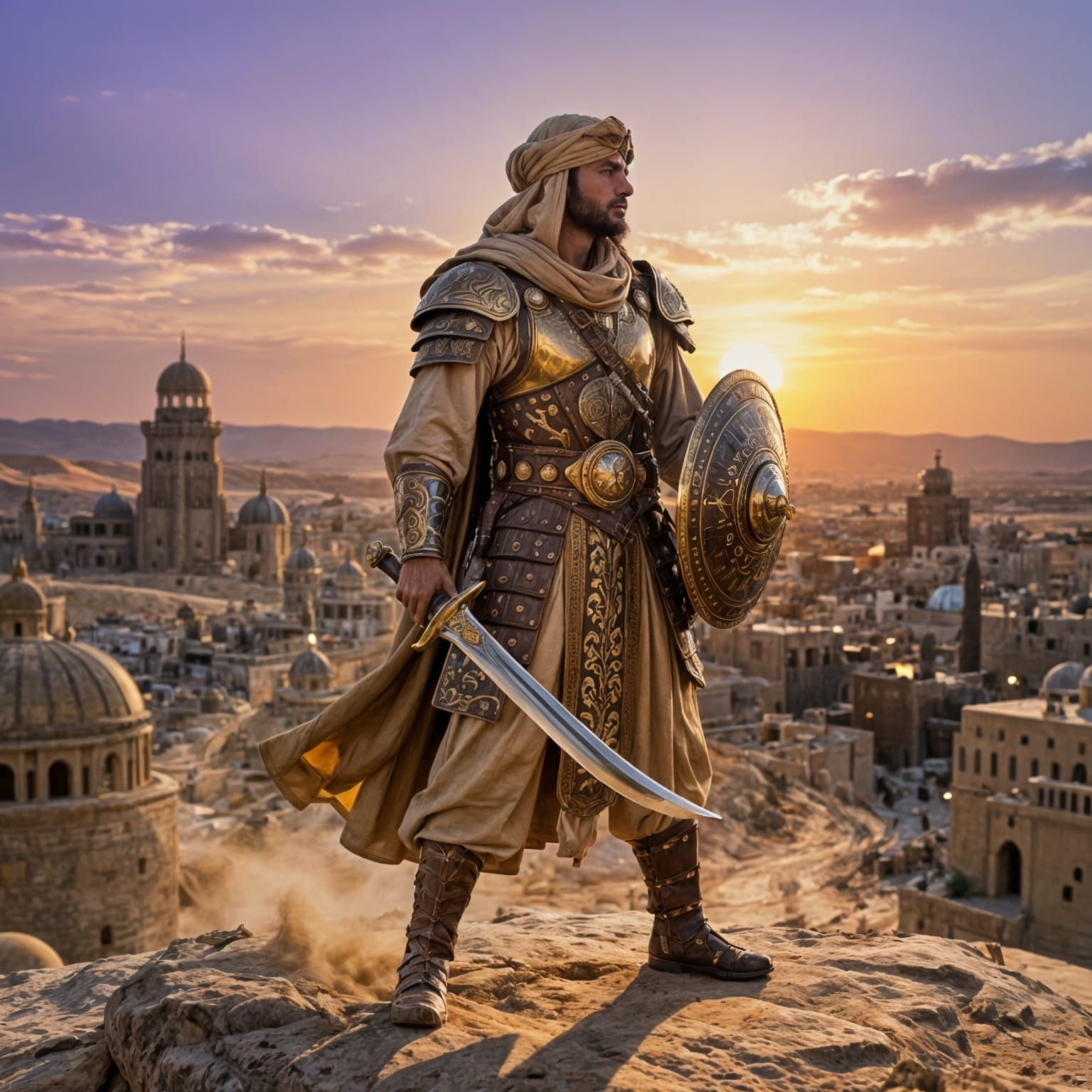 Faris Warrior in Desert City at Sunset