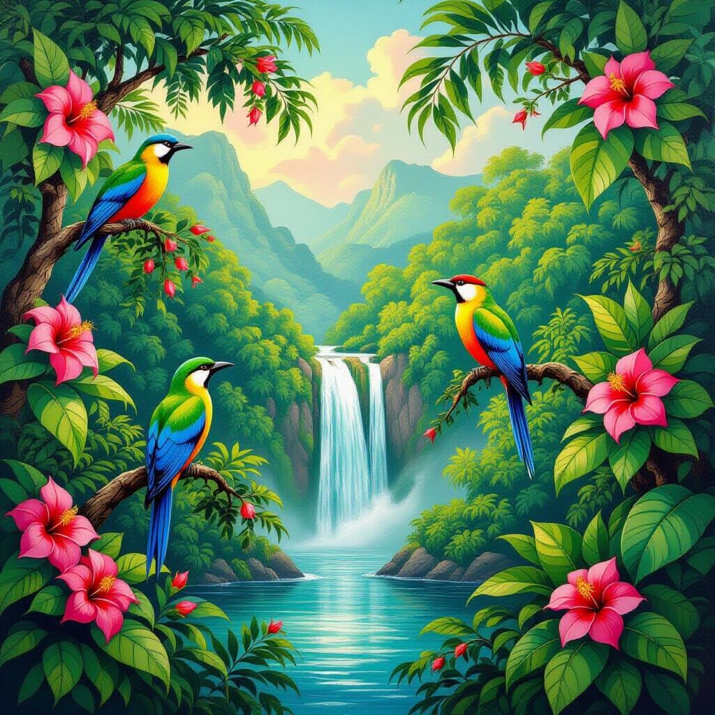 Vibrant Tropical Birds by a Waterfall in Lush Paradise