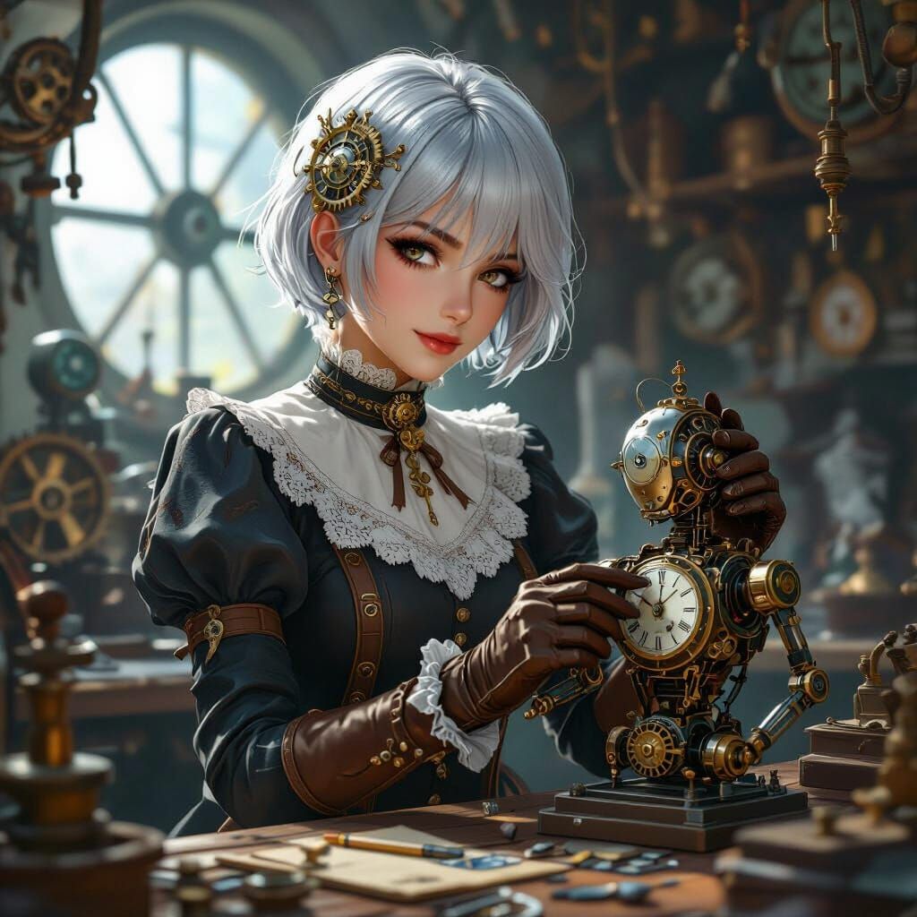 Clockwork Woman Constructing Clockwork Man in Anime Style