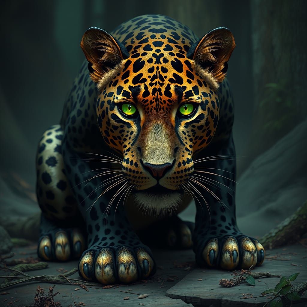 Leopard Panther Hybrid with Glowing Green Eyes