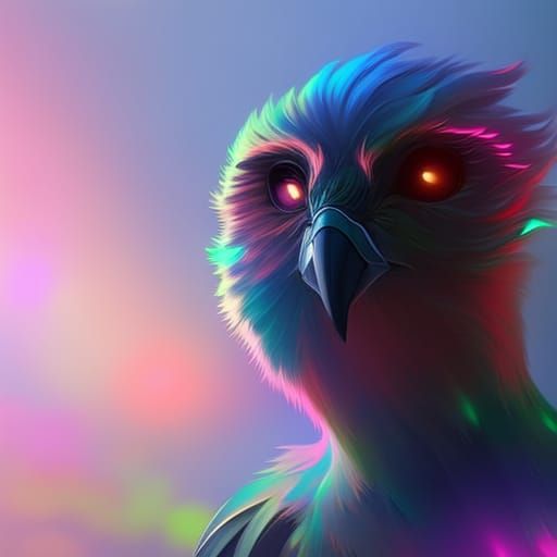Humanoid Bird Portrait with Glowing Eyes
