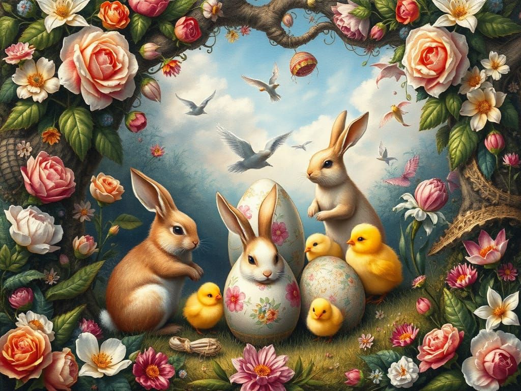 Enchanted Renaissance Garden with Bunnies and Floral Eggs