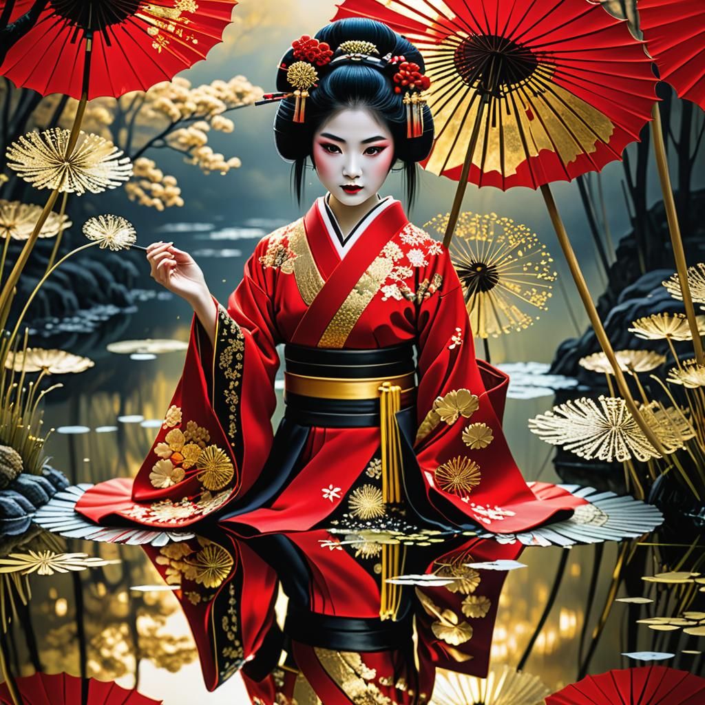 Japanese Geisha in Mirrored Pond, Naive Art Style