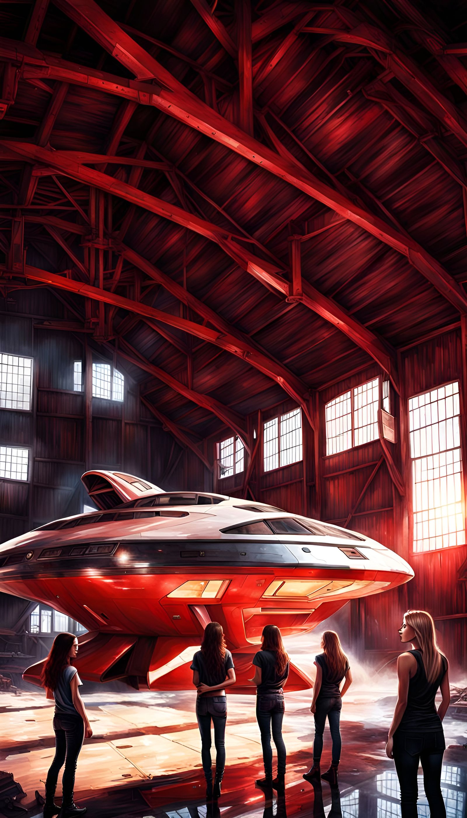 Futuristic Spaceship and Women in Dilapidated Barn