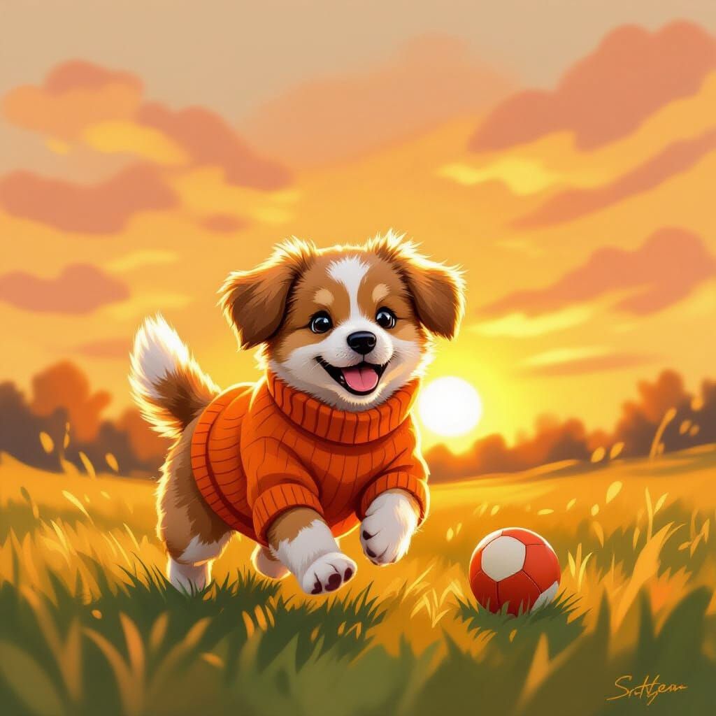 Playful Puppy's Sunset Run: Whimsical Art Style