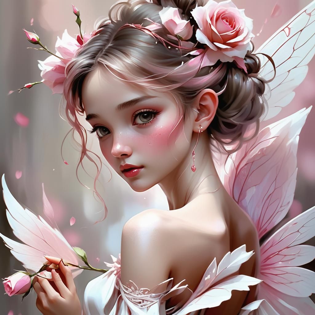 Fantasy Fairy Portrait with Pink Rose