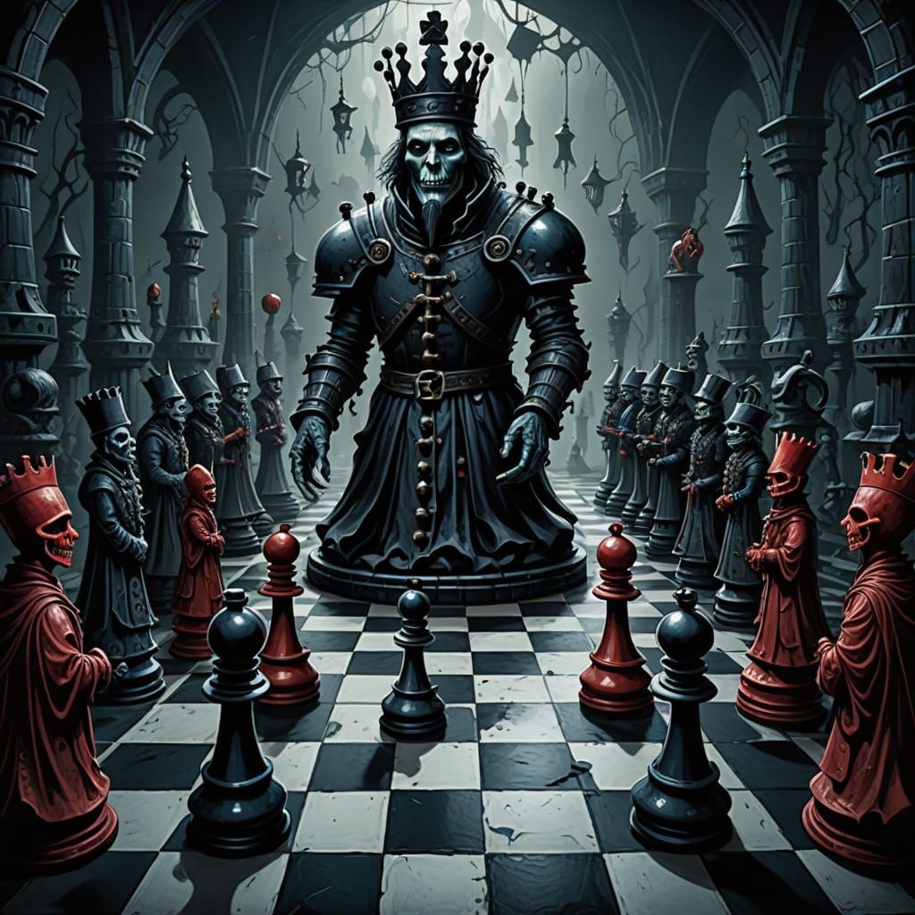 Surreal Human Chessboard in Tim Burton Style