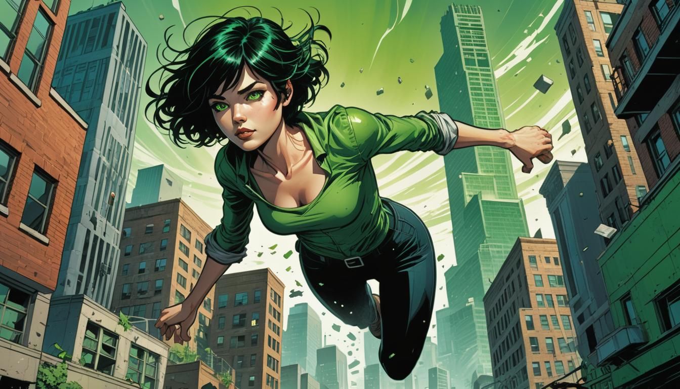 Woman Floating Above City: Comic Book Art