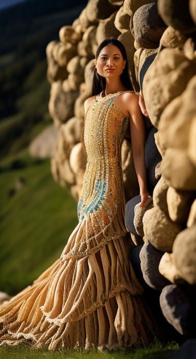 Woman in Teal Wood Shaving Dress, 8K Resolution